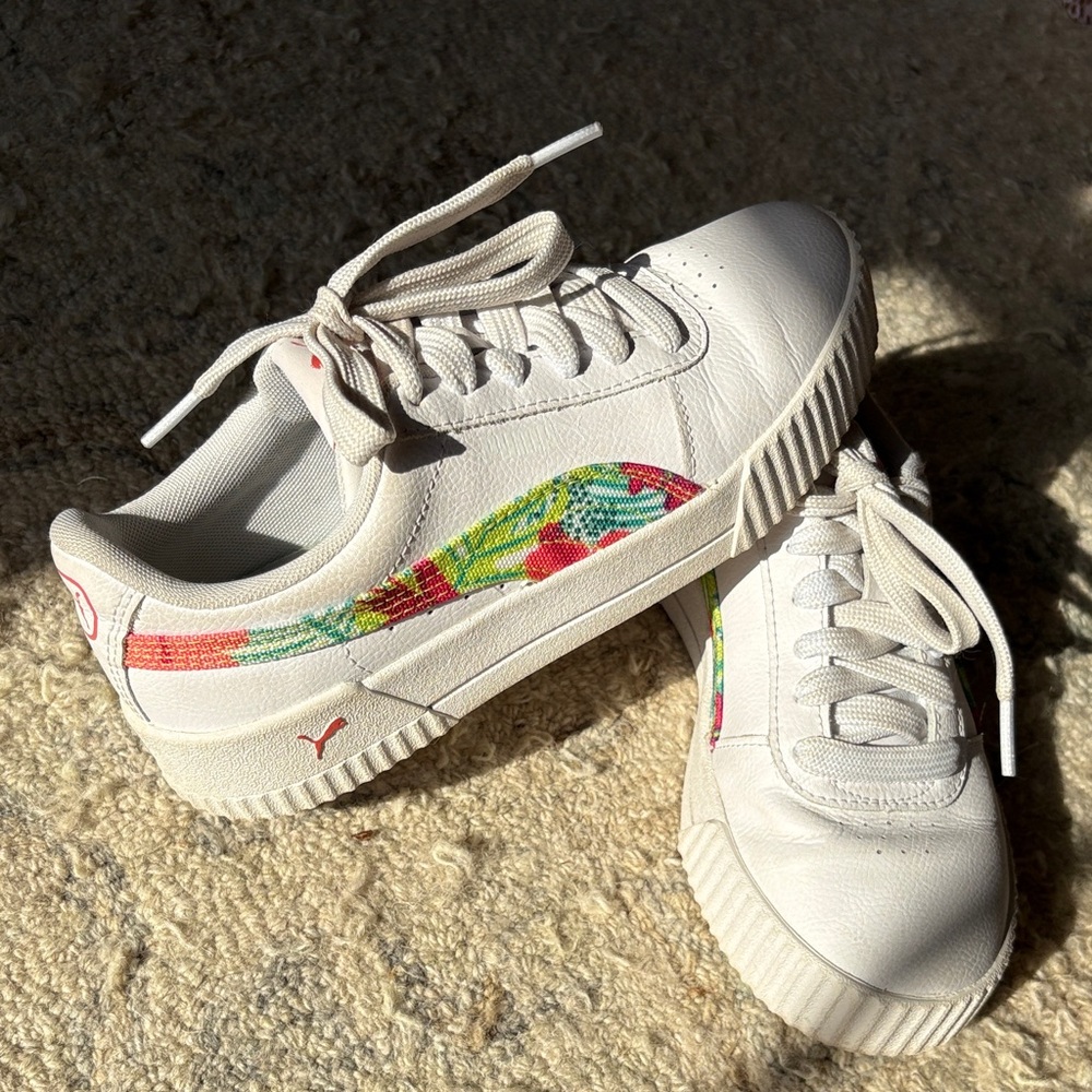 Puma White Sneakers with Multicolor Floral Accent